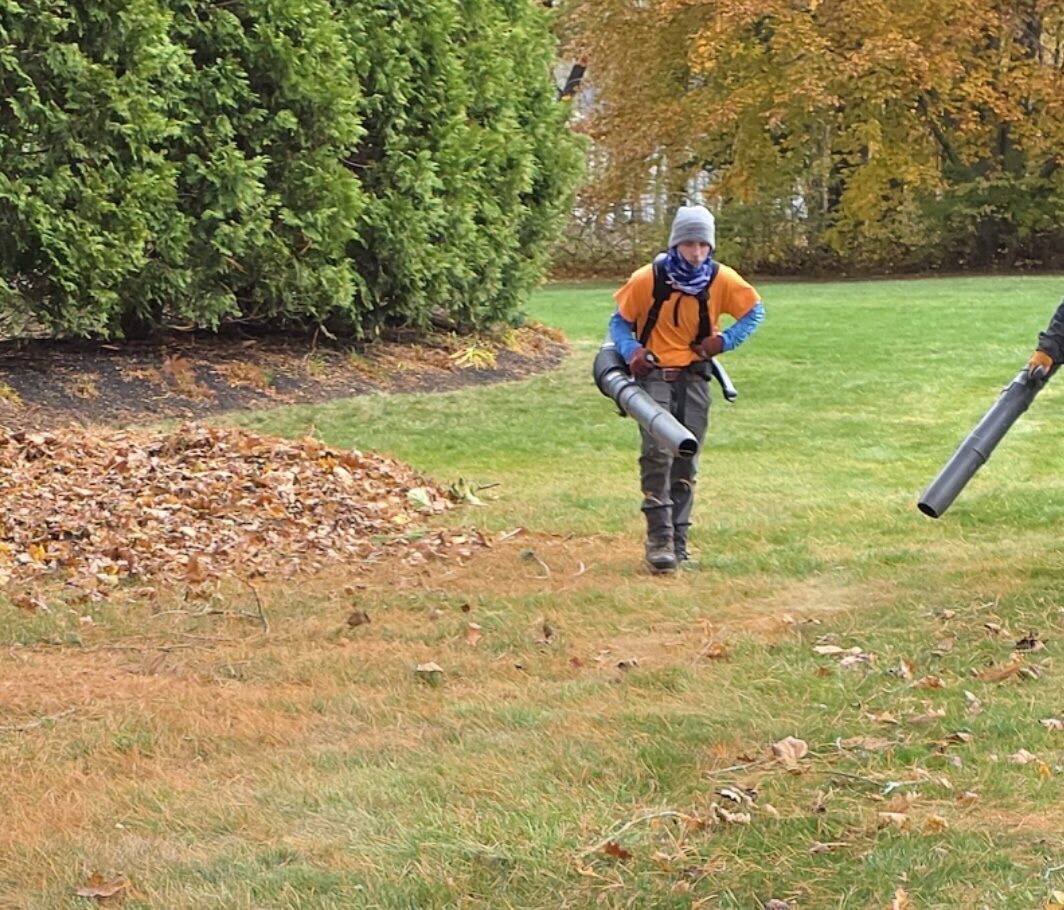Worker blowing leafs